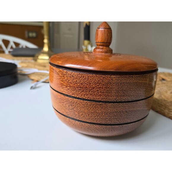 Handcrafted Round Wood Tobacco Jar With Finial Lid & Ridged Seal - Picture 10 of 10